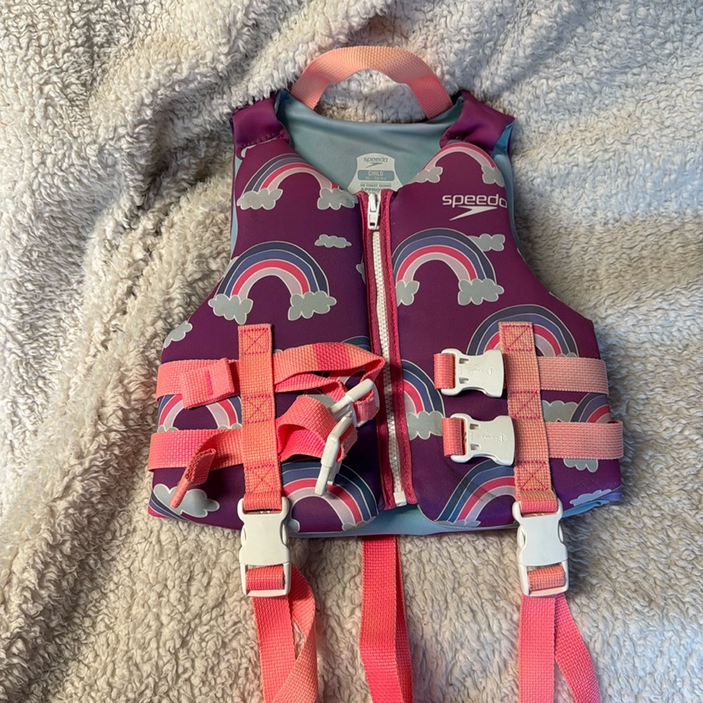 Kids swimming versus life versus life jacket Coast Guard approved brand speedo